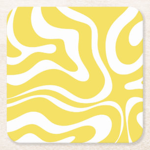 Retro Liquid Swirl Abstract Pattern in Yellow Square Paper Coaster