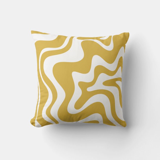 Retro Liquid Swirl Abstract Pattern Mustard White Throw Pillow (Front)