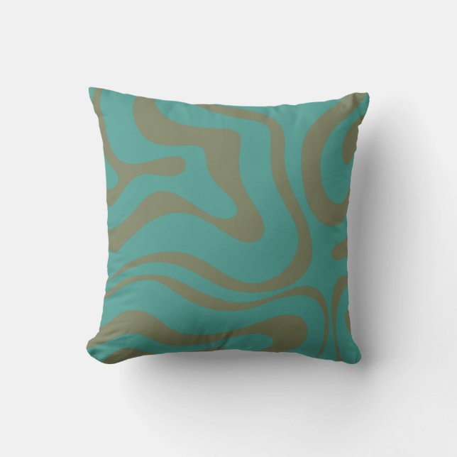 Retro Liquid Swirl Abstract Pattern Olive Teal Throw Pillow (Front)