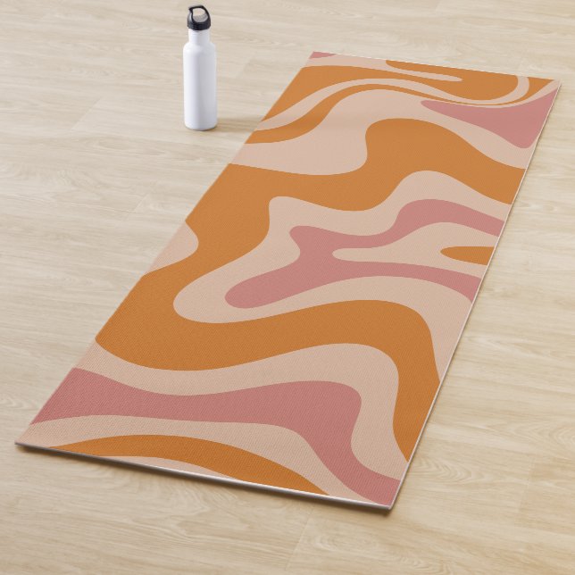 Retro Liquid Swirl Abstract Pattern Orange Pink Yoga Mat (In Situ)