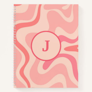 Retro Liquid Swirl Abstract Pattern Pink Initial Notebook