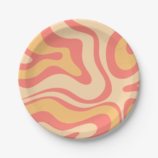 Retro Liquid Swirl Abstract Pattern Pink Yellow Paper Plate (Front)