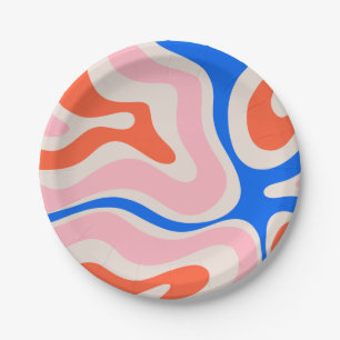Retro Liquid Swirl Abstract Pink Orange Blue Paper Plate