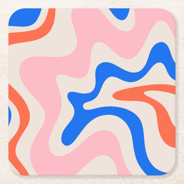 Retro Liquid Swirl Abstract Pink Orange Blue Square Paper Coaster (Front)