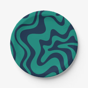 Retro Liquid Swirl Groovy Abstract Blue and Teal  Paper Plate