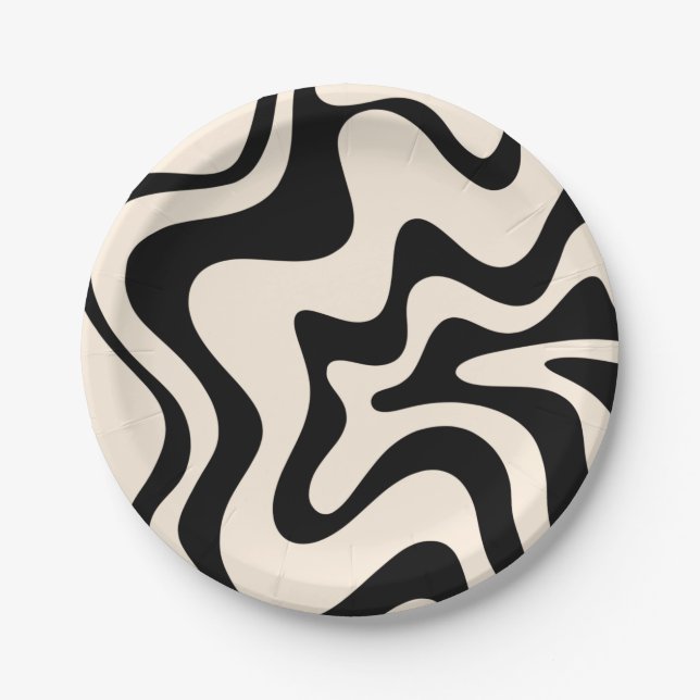 Retro Liquid Swirl Modern Abstract Pattern Black  Paper Plate (Front)