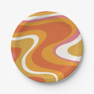 Retro Liquid Swirls Pattern in Orange Pink Mustard Paper Plate