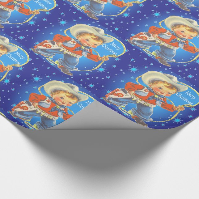 Retro Little Cowboy With Rope Merry Christmas Wrapping Paper (Corner)