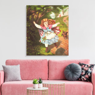 Retro Little Girl and Dog Lithograph Illustration Canvas Print