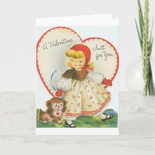 Retro Little Girl And Puppy Valentine's Day Card