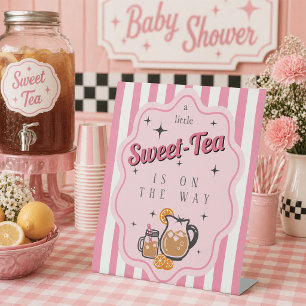 Retro Little Sweet Tea Is On The Way Baby Shower  Pedestal Sign