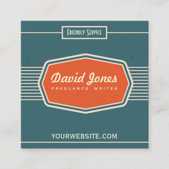 Retro Logo Style Square Shape Business Card Teal (Front)