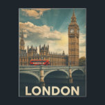 Retro London Big Ben and Bus Postcard<br><div class="desc">Send a slice of Great Britain with this retro-style postcard. It features a stunning, vintage-look illustration of London's most famous landmarks, including the iconic Big Ben, the Houses of Parliament, and a classic red double-decker bus crossing a bridge. This postcard is perfect for sharing your travel adventures or as a...</div>