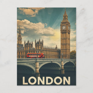 Retro London Big Ben and Bus Postcard