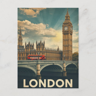 Retro London Big Ben and Bus Postcard