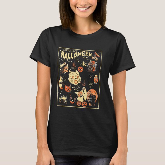 Retro Long Spooky Live Halloween Pumpkin Cat Ghost T-Shirt (Front)