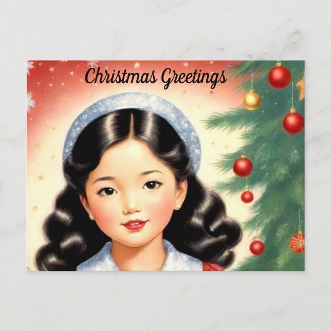 Retro Look Christmas Postcard with Girl (Front)