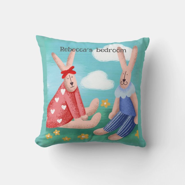 Retro looking rabbits with editable name cushion/ throw pillow (Front)