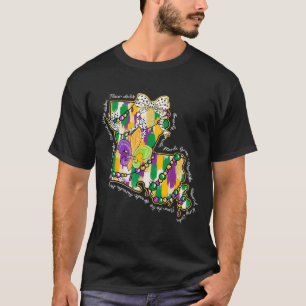 Retro Louisiana Map Mardi Gras Coquette Bow Fat Tu T-Shirt