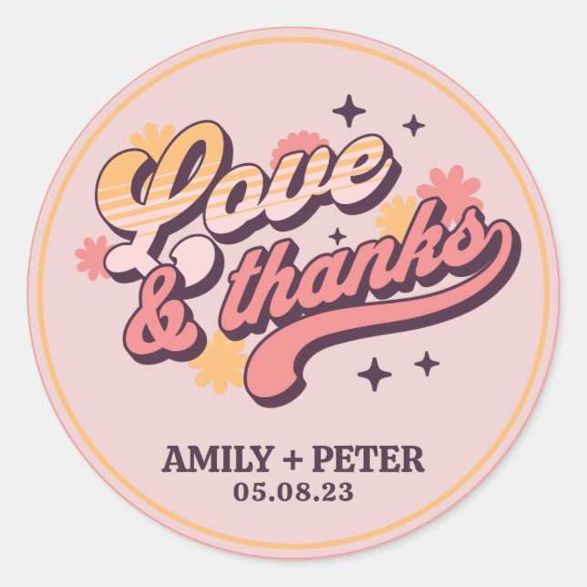 Retro Love and Thanks Groovy Text Thank You Classic Round Sticker (Front)