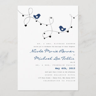 Retro Love Birds and Hearts Wedding Invitations