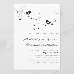 Retro Love Birds and Hearts Wedding Invitations