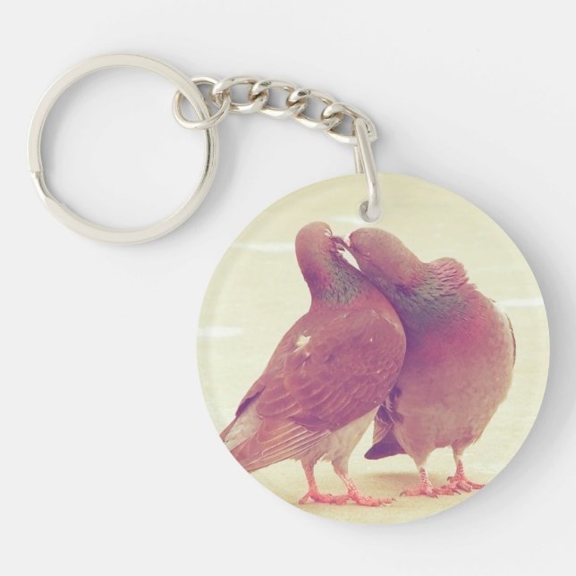 Retro Love Birds Kissing Pigeon Keychain (Front)