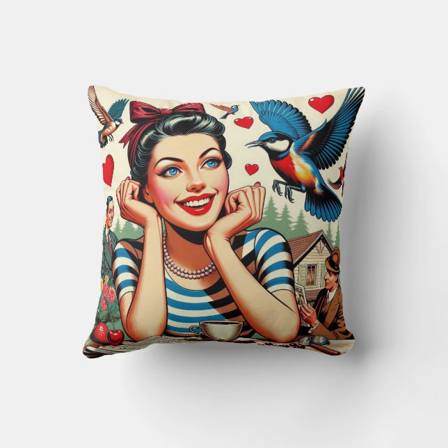 Retro Love Birds  Throw Pillow (Back)
