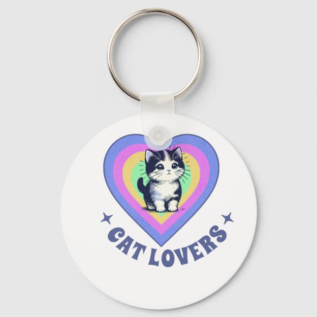 Retro Love Cats Illustration for Cat Lovers Keychain (Front)