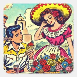 Retro Love Couple Comic Square Sticker