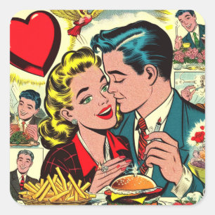 Retro Love Couple Comics Square Sticker