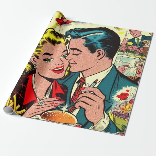 Retro Love Couple Comics Wrapping Paper (Unrolled)