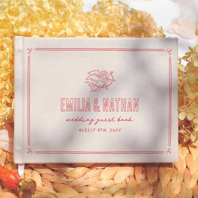 Retro Love Struck Hand Drawn Cupid Modern Wedding Guest Book (Creator Uploaded)