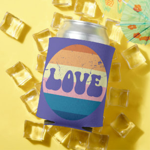 Retro Love Typography On Vintage Sunset Stripes Can Cooler