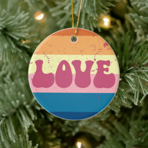 Retro Love Typography On Vintage Sunset Stripes Ceramic Ornament