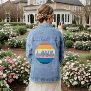 Retro Love Typography On Vintage Sunset Stripes Denim Jacket
