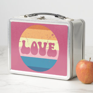 Retro Love Typography On Vintage Sunset Stripes Metal Lunch Box