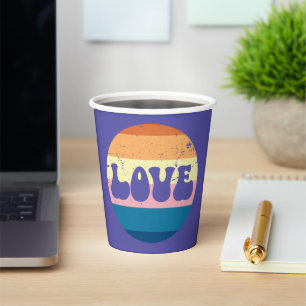 Retro Love Typography On Vintage Sunset Stripes Paper Cups