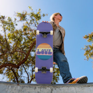 Retro Love Typography On Vintage Sunset Stripes Skateboard