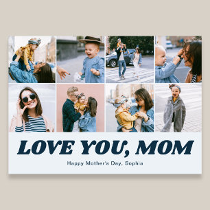 Retro Love You Mom 12 Photo Collage Blue Holiday Card