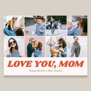 Retro Love You Mom 12 Photo Collage Pink Holiday Card