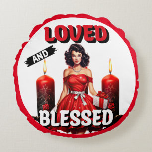 Retro Loved and Blessed Pinup Round Pillow