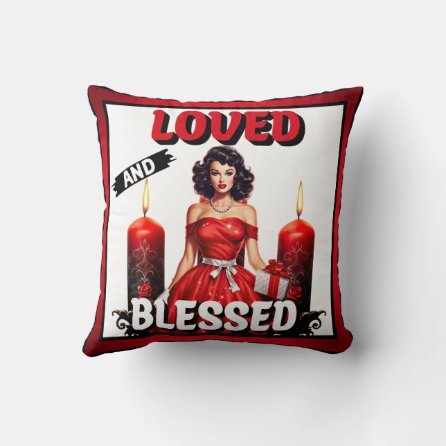 Retro Loved and Blessed Pinup Throw Pillow (Back)