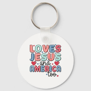Retro Loves Jesus And America Too God Christian 4t Keychain