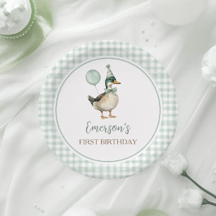 Retro Lucky Duck Sage Green Gingham 1st Birthday Paper Plate