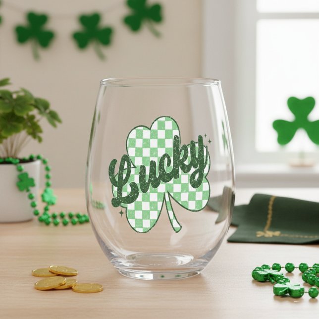 Retro Lucky St Patrick's Day Shamrock Stemless Wine Glass (Retro Lucky St Patrick's Day Shamrock Stemless Wine Glass)