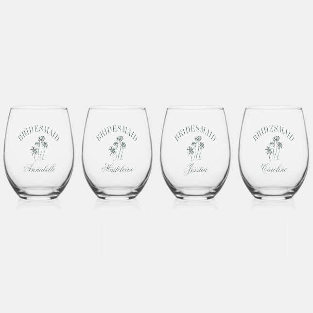 Retro Luxe Beach Palm Trees Bridesmaid Names Stemless Wine Glass (Front)