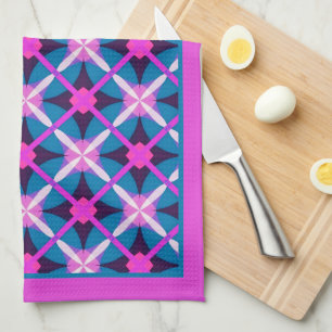 Retro Magenta and Teal Blue Diamond Pattern Tea  Kitchen Towel