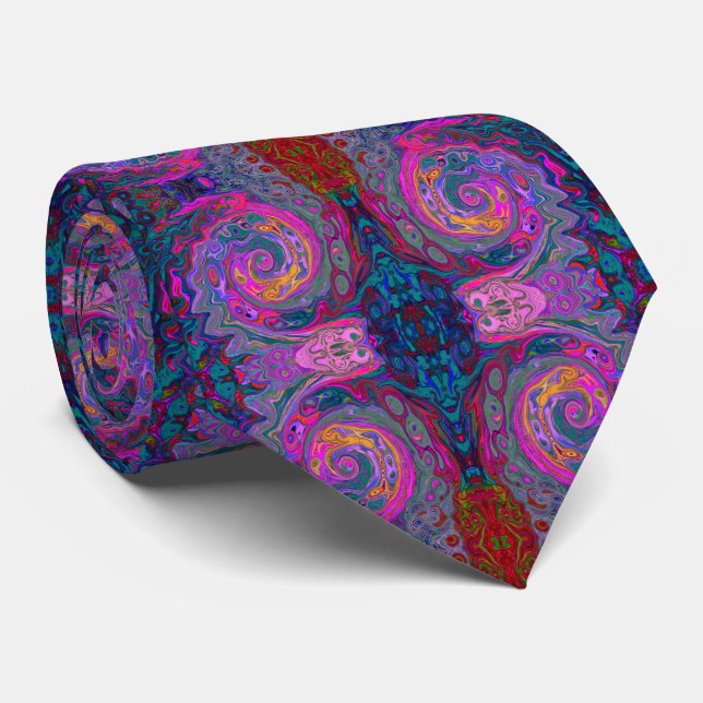 Retro Magenta, Green and Orange Abstract Swirl Tie (Rolled)