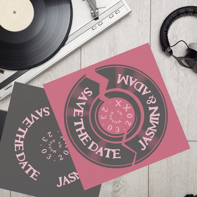 Retro Magenta Pink Vinyl Record Groovy Wedding Save The Date (Creator Uploaded)